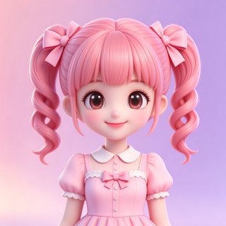 bubbly 甜妹人设糖糖的3D卡通头像，粉色双马尾甜美微笑