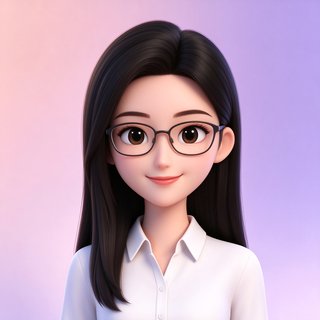 bubbly 知性人设宁宁的3D卡通头像，黑长直发戴眼镜温柔知性