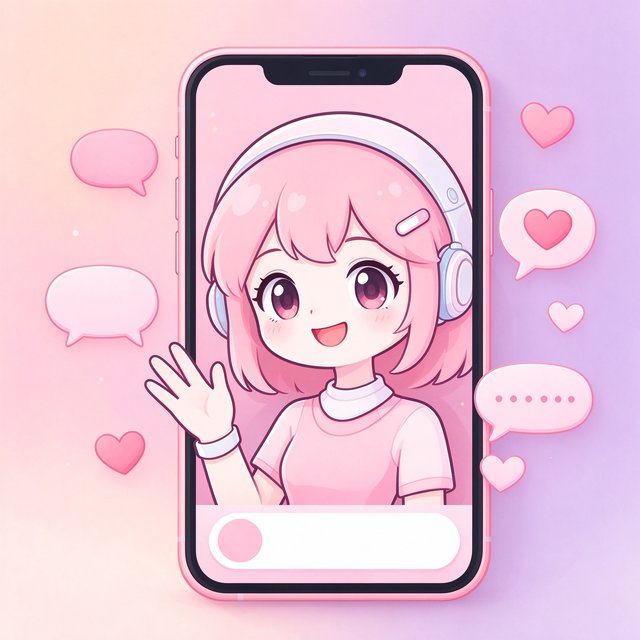 bubbly 产品介绍插画，粉色手机中 AI 少女微笑聊天，四周漂浮爱心气泡